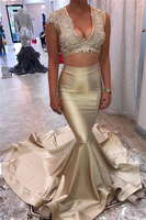 Champagne-Gold Sexy Lace Appliques Long-Train Mermaid V-neck Sleeveless Two-Piece Prom Dress