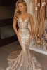Champagne Gold V-neck Sleeveless Mermaid Sexy Deep Sequins Evening Gown