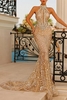 Champagne Halter Long Mermaid Prom Party Dress with Glitter Beadings