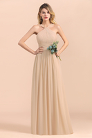 Champagne Ruched Chiffon Long Bridesmaid Dress Halter Wedding Party Dress