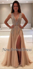 Champagne Side Brilliant Crystals A-Line Split Prom Dresses