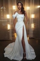 Charming Asymmetric Ruched Satin Side Split Evening Dress with beadings