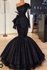 Charming Black Tulle Sequins Mermaid Party Gown One Shoulder Evening Prom Dress