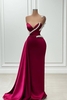 Charming Burgundy Ruched Satin Sheath Prom Dress Sparkly Crystals Bodycon Party Dress with Sweep Train