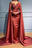 Charming Burgundy Satin Mermaid Evening Dress Long Sleeves Appliques Prom Dress with Shawl