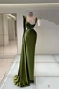 Charming Dark Green Satin Mermaid Long Evening Dress One Shoulder Crystals Formal Dress