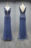 Charming Deep V-Neck Beadings Sleeveless Long Evening Dress Backless Slim Prom Dress