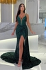 Charming Deep V-Neck Glitter Sequins Dark Green Long Mermaid Prom Dress with Sweep Train