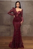 Charming Glitter Burgundy Long Sleeves Mermaid Prom Dress Beadings Evening Dress