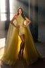 Charming Halter Crystals Hi-Lo Prom Dress Sleeveless Yellow Evening Dress with Cape