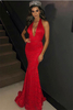 Charming Halter Sleeveless Sexy Mermaid Deep V-Neck Lace Appliques Prom Dresses