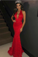 Charming Halter Sleeveless Sexy Mermaid Deep V-Neck Lace Appliques Prom Dresses