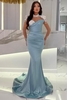 Charming High Neck Ruched Satin Mermaid Prom Dress Crystals Long Evening Dress