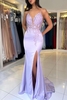 Charming Lilac Spaghetti Straps Satin Mermaid Prom Dress Lace Appliques Side Slit Dress