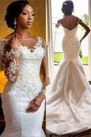 Charming Long Sleeve Lace Appliques Mermaid Round Neck Wedding Dresses