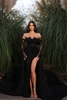 Charming Off Shoulder Black Side Split Long Prom Dress with Sweep Train