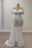 Charming Off Shoulder Glitter Sheath Evening Gown White Sequins Front Split Prom Dress