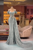 Charming Off Shoulder Lace Mermaid Prom Dress Spaghetti Straps Long Formal Dress with Train
