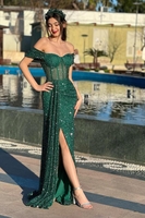 Charming Off Shoulder Sparkly Sequins Bodycon Prom Dress Dark Green Side Slit Party Dress
