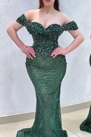 Charming Off-the-Shoulder Shiny Sequins Dark Green Mermaid Prom Dress