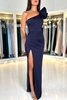 Charming One Shoulder Ruched Satin Long Prom Dress with Side Slit