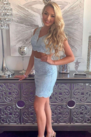 Chic Two Pieces V Neck Homecoming Dress Sexy Lace Beading Short Mini Cocktail Dress
