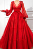 Chic V Neck Long Sleeves Red Tulle Prom Dress Charming Ball Gown Appliques Beading Long Prom Dress