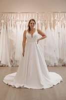 Chic V-Neck Satin Aline Wedding Dress Backless Bridal Dress with Sweep Train