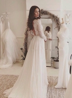 Chiffon Elegant Long Sleeve Online V-neck Lace Appliques Wedding Dresses