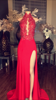 Chiffon High Neck Lace Appliques Red Prom Dresses Side Split Sleeveless Evening Gowns BA5081