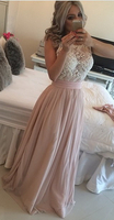 Chiffon Pearls Pink Long Prom Dresses Crew Neck Lace Sweep Train Evening Gowns