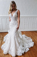 Classic Mermaid Ruffles Lace Wedding Dresses V-neck Sleeveless Bridal Gowns Online