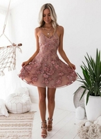 Classic Pink Floral Homecoming Dresses Spaghetti Straps Lace Appliques Cocktail Dresses