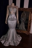 Elegant Appliques Sheer Tulle Prom Dresses Sliver Long Sleeves Mermaid Evening Gowns