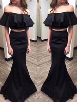 Elegant Black Two Pieces Prom Dresses Off-the-Shoulder Ruffles Evening Dresses