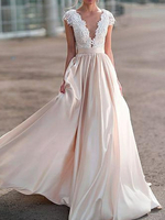 Elegant Cap Sleeves Deep V-Neck ALine Satin Wedding Party Dress