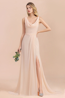 Elegant Champagne Soft Chiffon Long Bridesmaid Dress with Front Slit