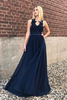 Elegant Chiffon Lace Bridesmaid Dress Chic Sleeveless Navy Blue Wedding Party Dress