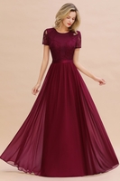 Elegant Chiffon Lace Jewel Short-Sleeves Bridesmaid Dress Floor-Length A-Line Wedding Guest Dress