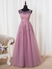 Elegant Crew Tulle A-line Evening Dress with Lace Appliques Floor-Length Formal Dresses