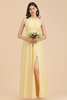 Elegant Daffodil Halter Pleated Chiffon Bridesmaid Dress Side Slit Long Evening Dress