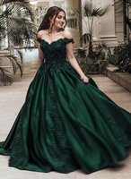 Elegant Dark Green Puffy Prom Dresses Off-The-Shoulder Ball Gown Quinceanera Dresses