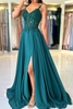 Elegant Dark Green Sweetheart Chiffon Aline Evening Dress Side Slit Lace Floor Length Formal Dress with Straps