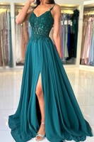 Elegant Dark Green Sweetheart Chiffon Aline Evening Dress Side Slit Lace Floor Length Formal Dress with Straps