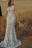 Elegant Deep V-Neck Floral Mermaid Bridal Dress Sleeveless Slim Wedding Dress