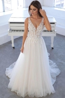 Elegant Floral lace Aline Wedding Dress Sleeveles V-neck Bridal Dress