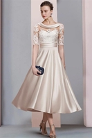 Elegant Half Sleeves Satin Mother of the Bride Dress Scoop Neck Lace Appliques Ankle Length Wedding Guest Dress