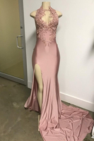 Elegant Halter Evening Dress Lace Appliques Prom Dress With Split