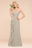 Elegant Halter Ruched Chiffon Bridesmaid Dresses V-neck Floor Lenth Formal Dress
