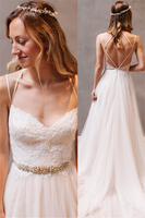 Elegant Lace Crystals Spaghetti Straps Wedding Dresses See Through Lace Up Sleeveless Bridal Gowns